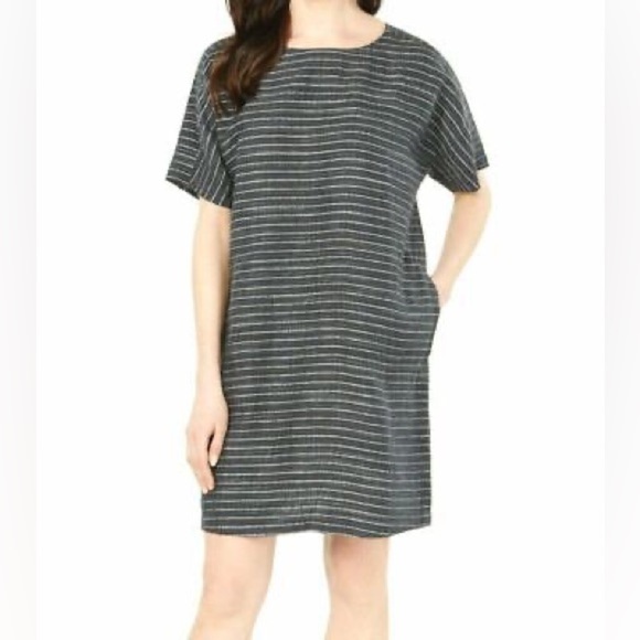 Eileen Fisher gray/white striped linen tunic dress PP XS/small petite shift - Picture 1 of 12